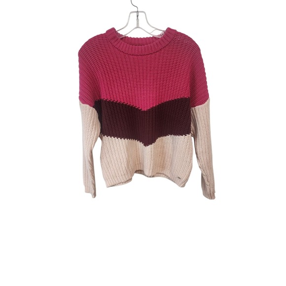 Guess Sweaters - Guess XS Color Block Knit Sweater Pink Brown Cream Oversized Pullover